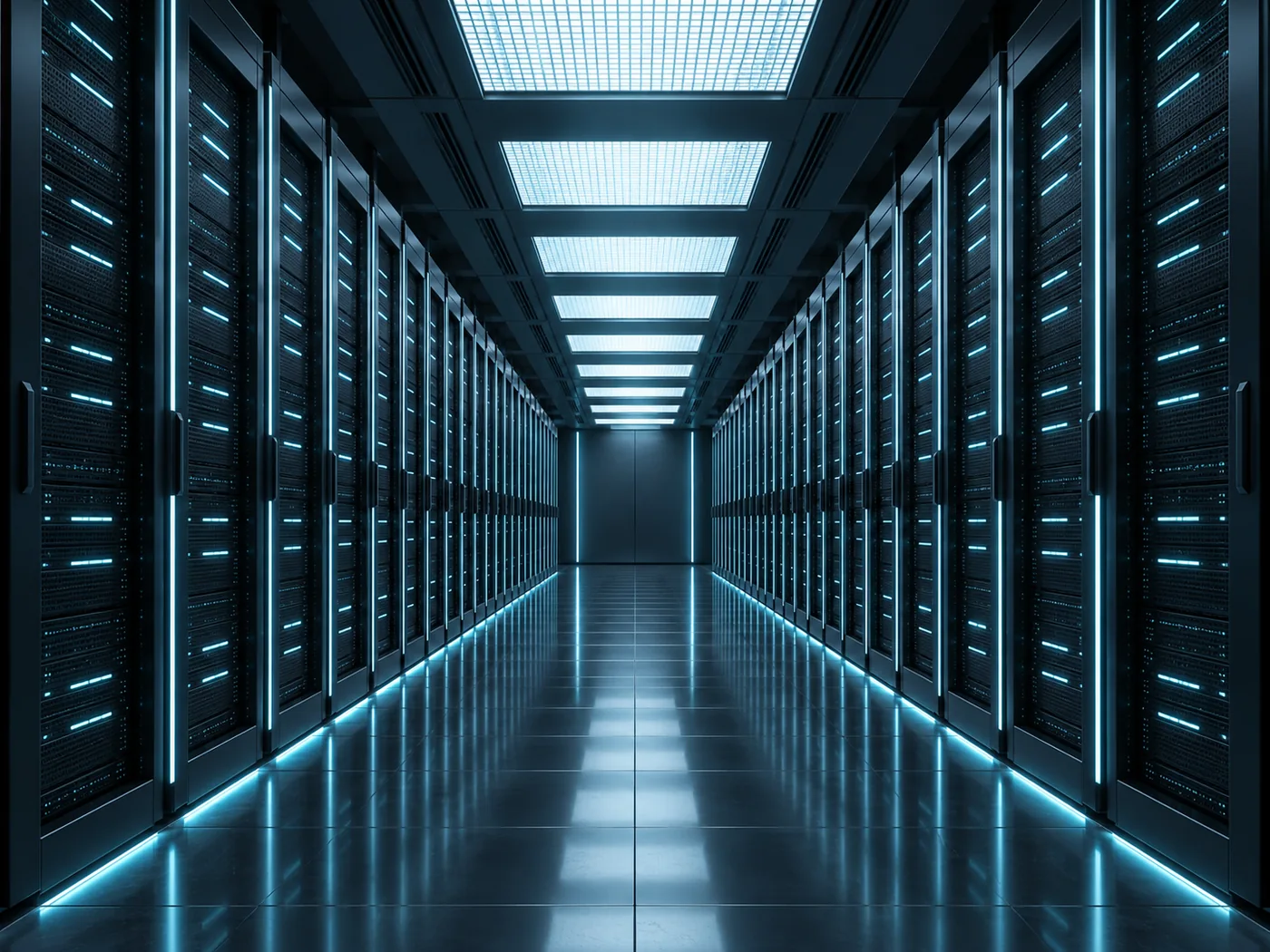 Generated symmetrical datacenter illustration with dark racks, cyan lighting, and a central vanishing point.