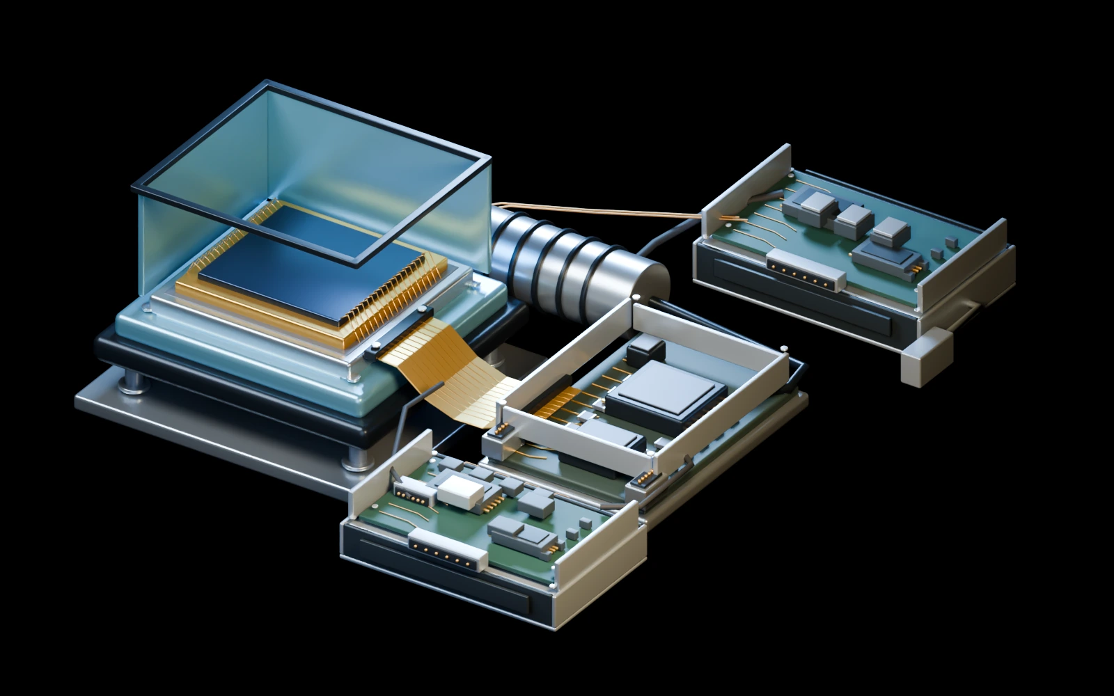 Representative detector and readout package inside an open cold shield, with mounting supports, a gold flex interconnect, thermal strap, cooler, warm video electronics, bias/timing board and temperature-feedback electronics.