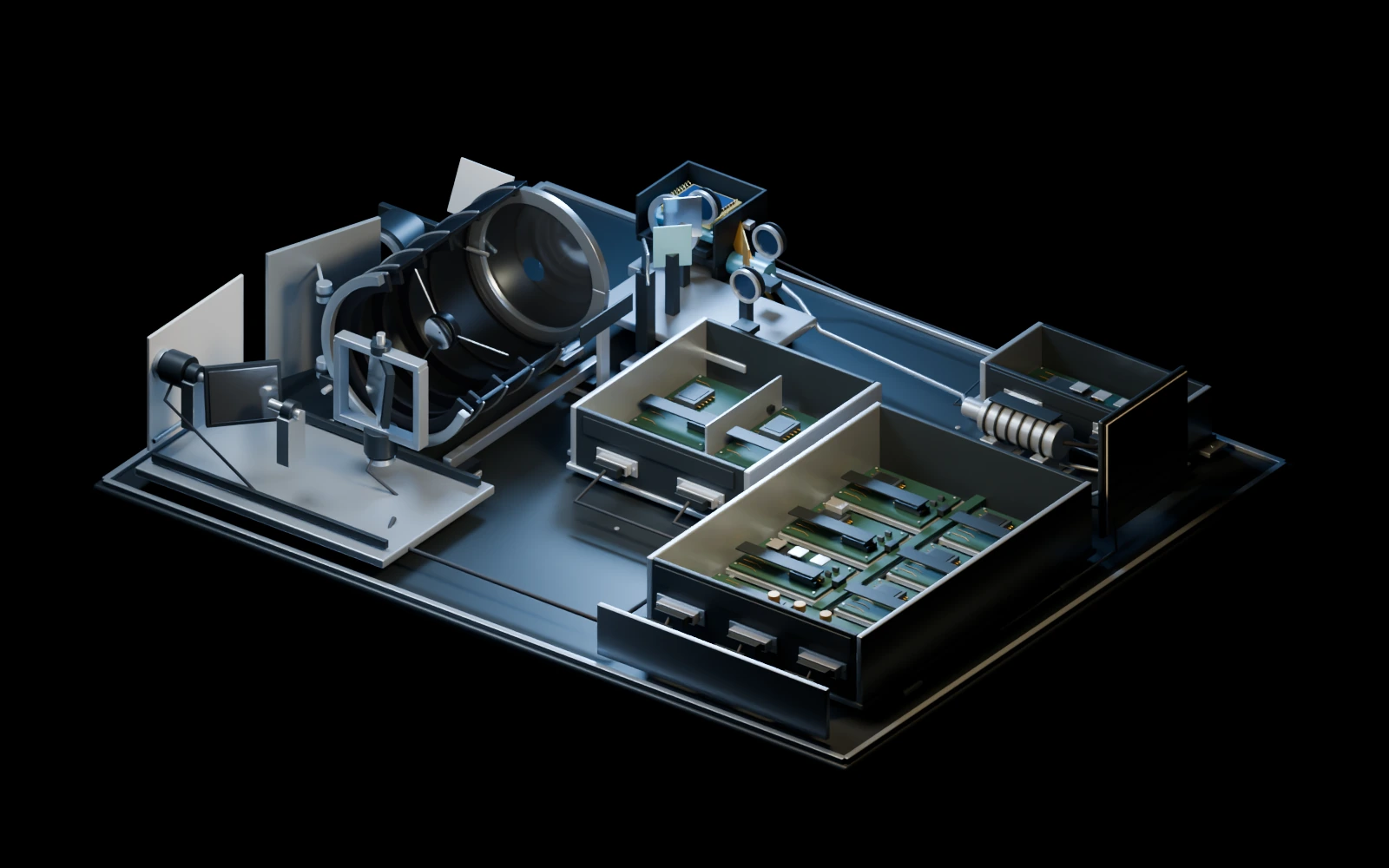 Representative integrated infrared instrument: sensor assembly with optics and detector-side electronics, common instrument-electronics chassis, and separate cooler controls.