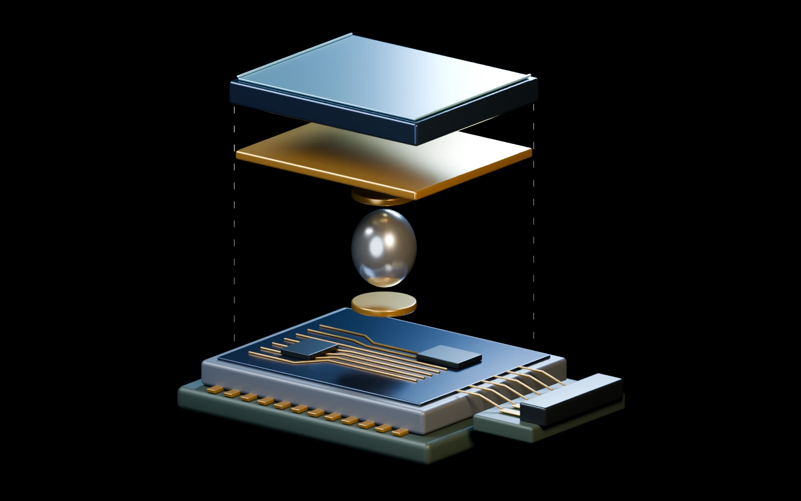 Enlarged conceptual hybrid detector with separate absorber, contact pad, indium joint, readout cell, support and output interface.