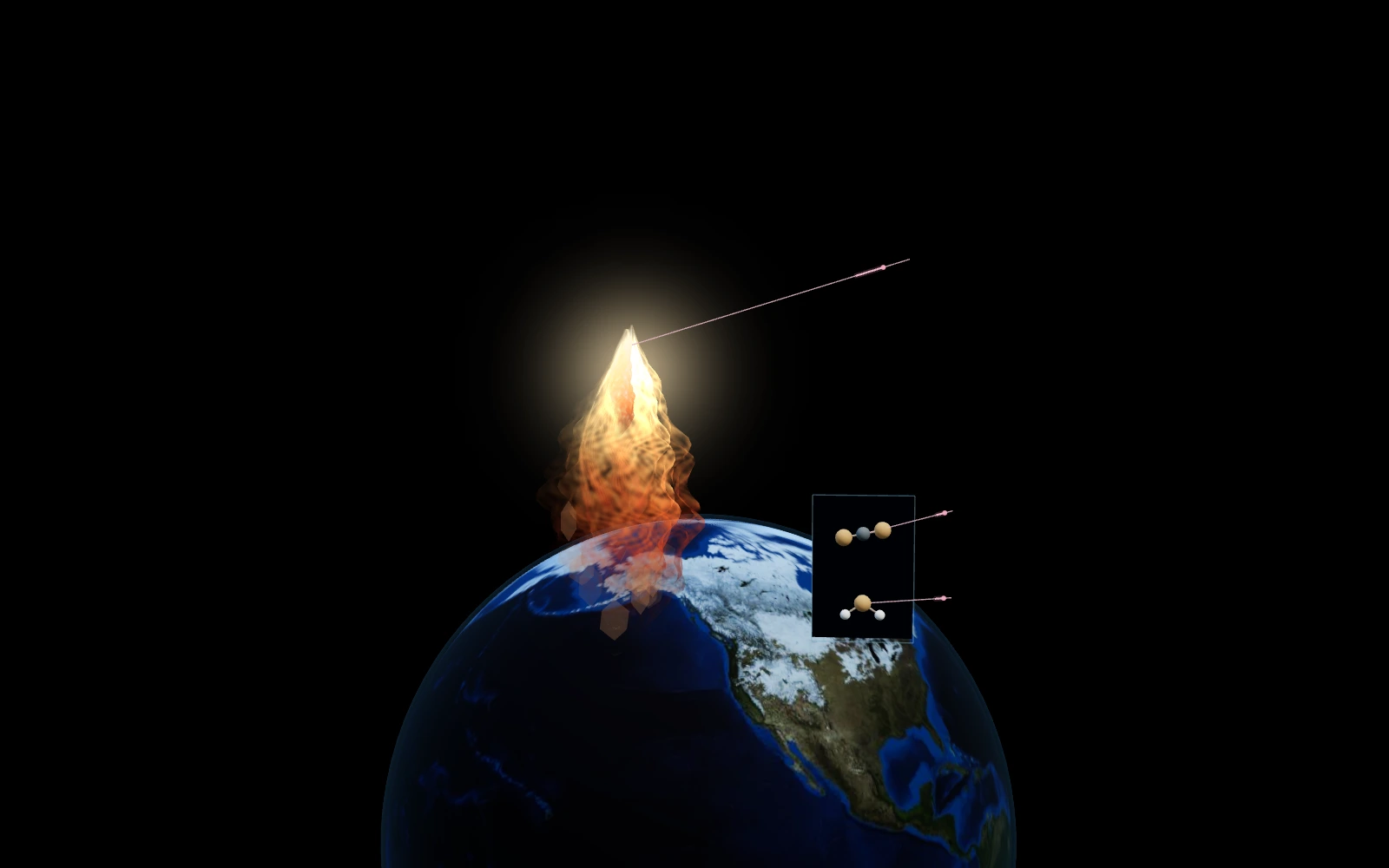 A rising false-color plume above a curved atmospheric layer, with enlarged carbon dioxide and water-vapor diagrams in an inset.