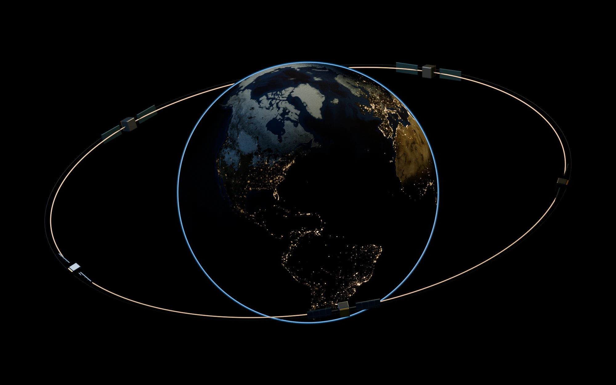 An illuminated Earth surrounded by a schematic orbital ring and enlarged representative satellites.