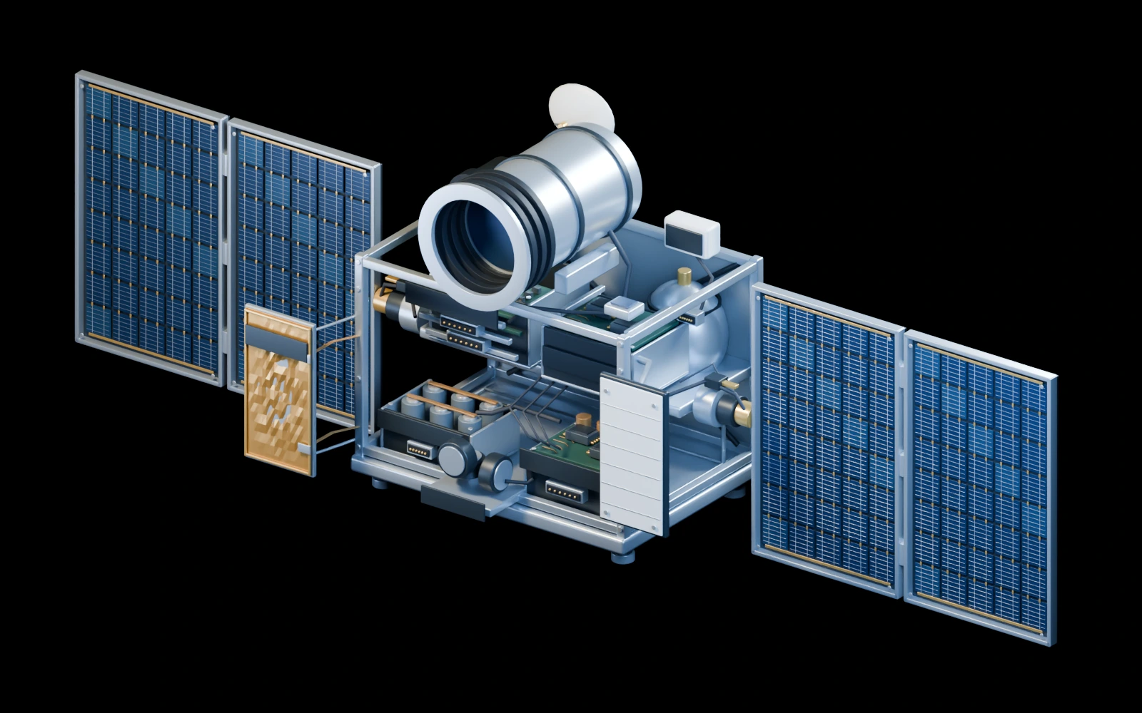 Open representative spacecraft bus with solar-cell strings, array drives, battery and avionics equipment, reaction wheels, a propellant tank, antennas, and a displaced radiator.