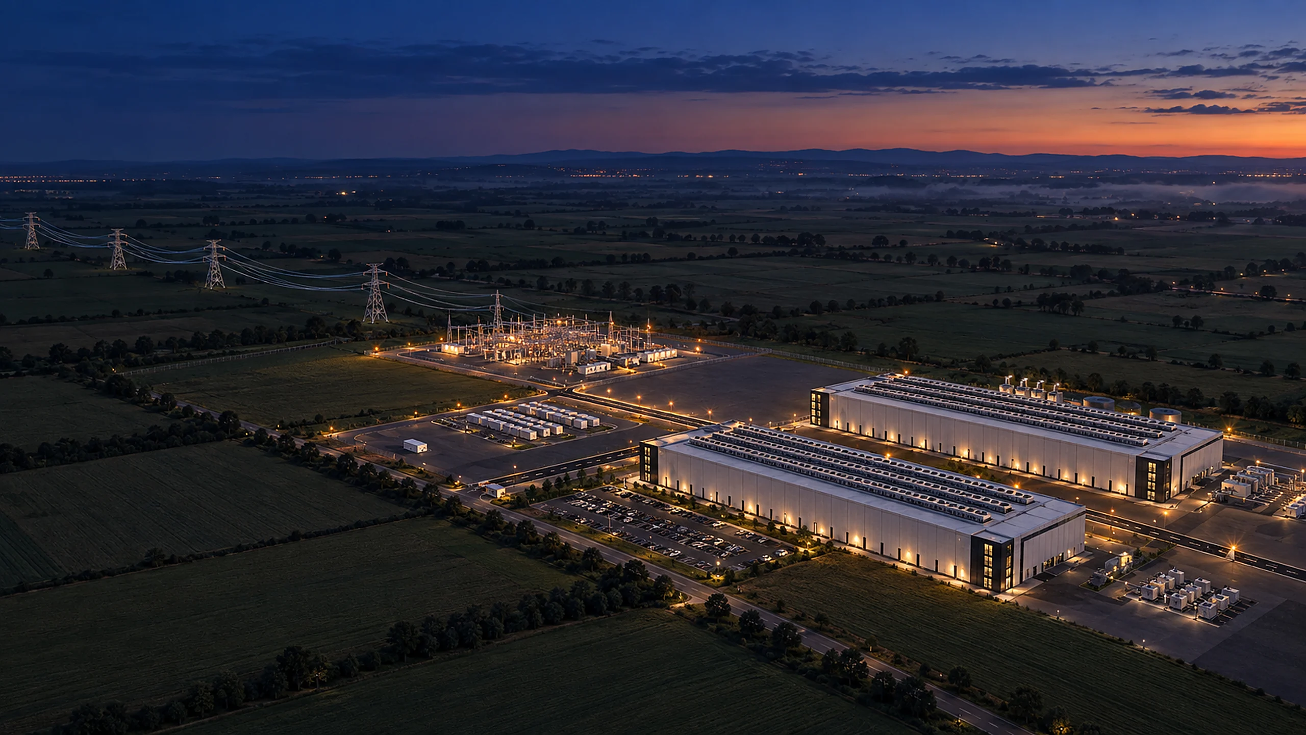Illustration of an AI campus at blue hour: a lit substation fed by a transmission line from the left, two long data halls with dry coolers on their roofs, a generator yard and farmland around it.