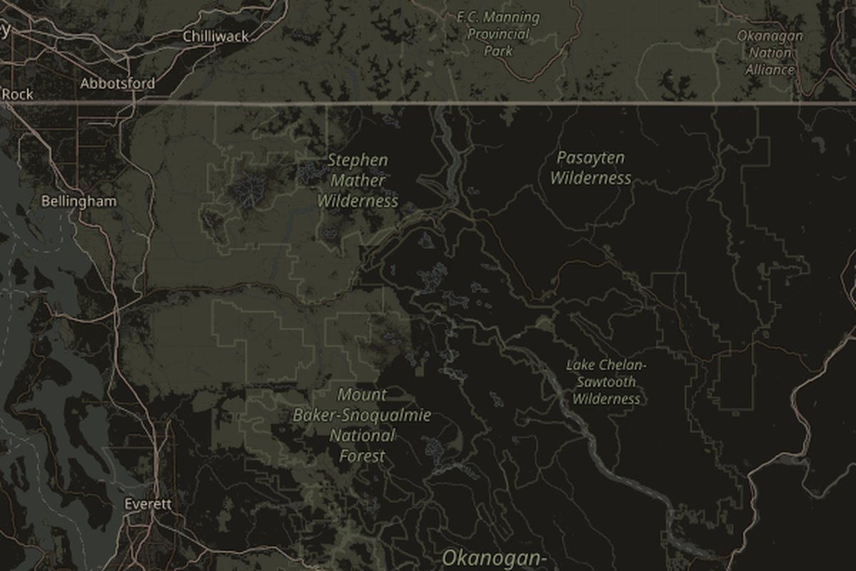 Map of North Cascades National Park, Washington, United States; marker identifies the named place, not the photo spot